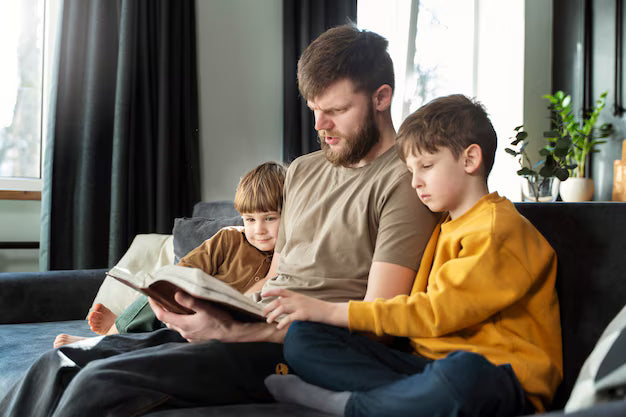 Pais ensinando a Bíblia para os filhos em casa numa rotina de fé